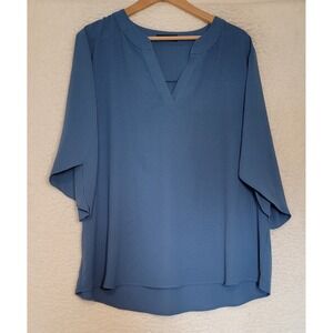 Funlingo Womens Blouse Plus Size 2XL V-Neck Short Sleeve Blue Pullover 1268